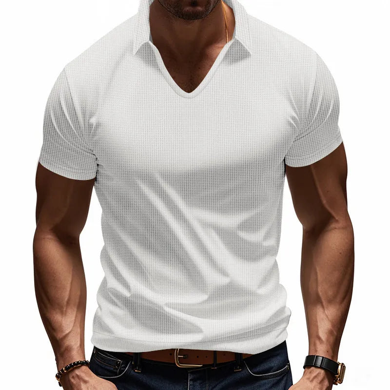 Men's casual V-neck short sleeve T-shirt, loose fit summer cotton blend top in solid colours including army green, light blue and apricot, available in sizes S to XXXL with Asian sizing guidance