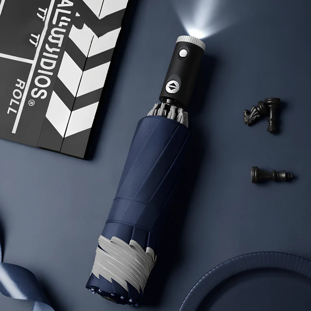 Automatic reverse umbrella showing open 105cm canopy and compact 30cm folded size