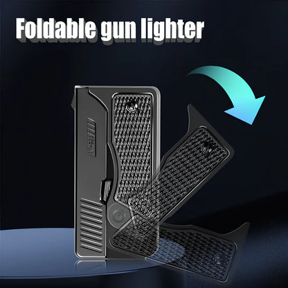 Foldable wind proof lighter showing extended and folded positions with USB charging cable