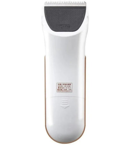 White electric pet hair clipper with ceramic blade showing battery compartment
