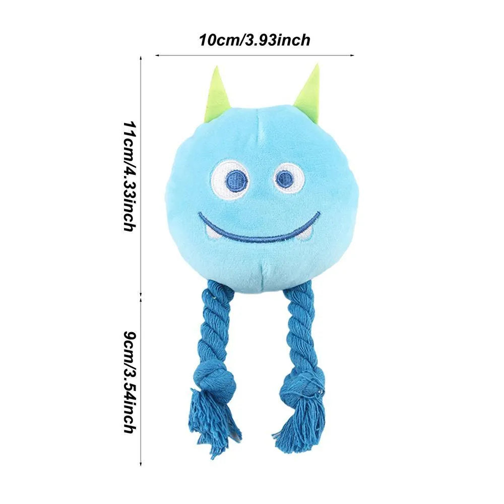 Blue or yellow dog squeaky toy with strong knot rope design for chewing and play