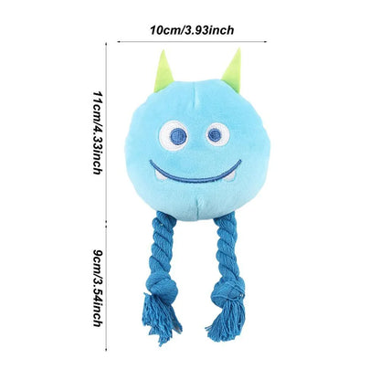 Blue or yellow dog squeaky toy with strong knot rope design for chewing and play