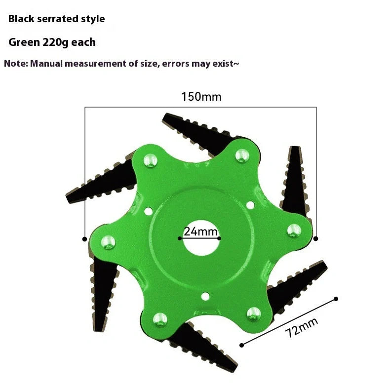 Agricultural alloy six-leaf knife grass head with black flat tooth blades and 28cm cutting diameter
