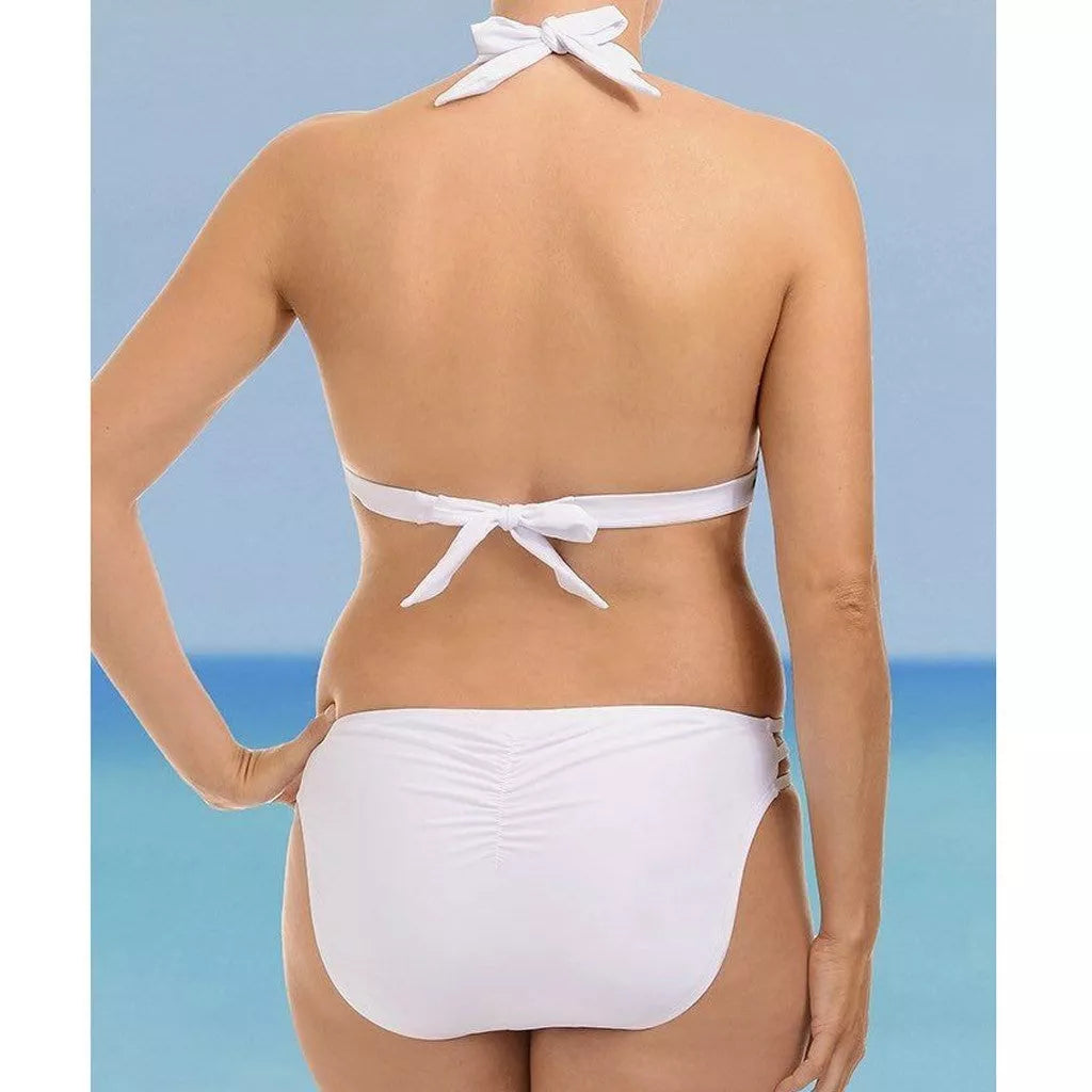 Women's solid split bikini in black and white, made from 100% nylon