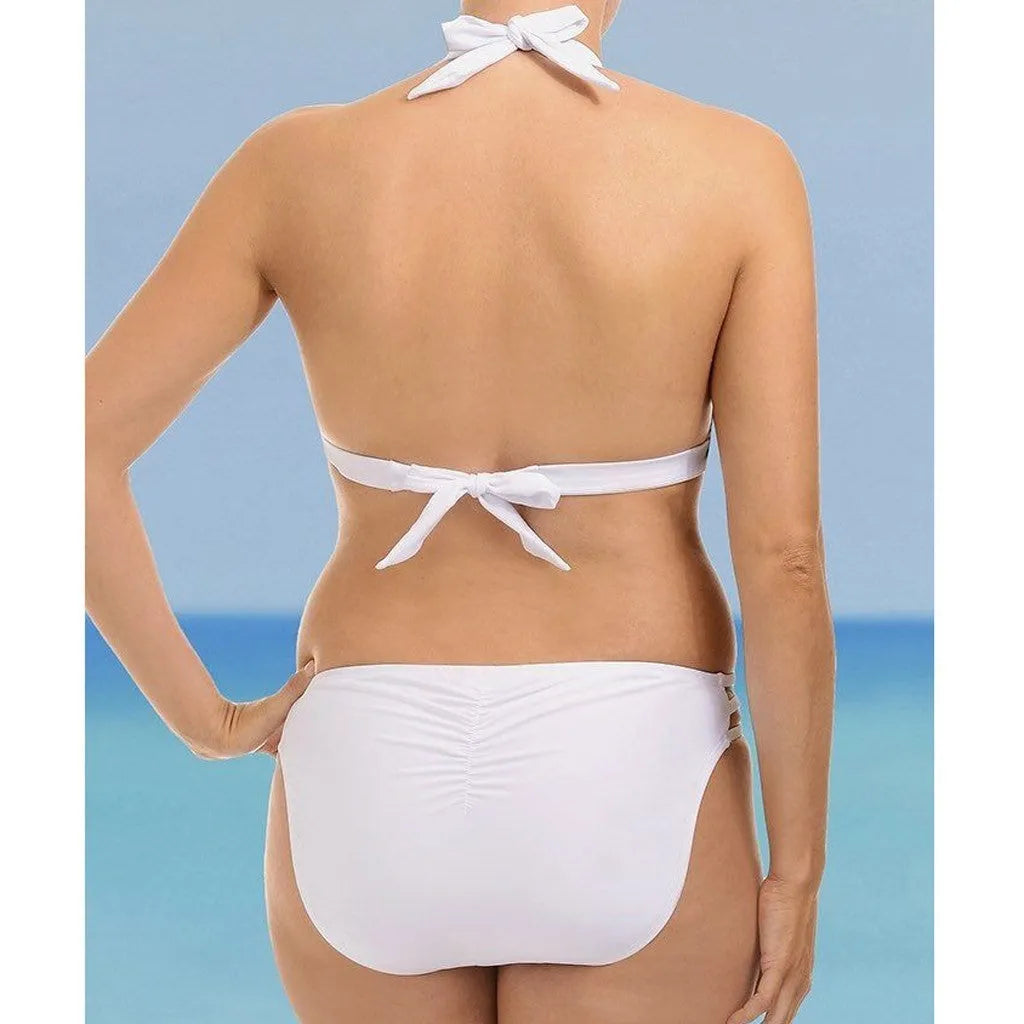 Women's split solid bikini in black or white, vinylon fabric with nylon lining, sizes XL to 4XL