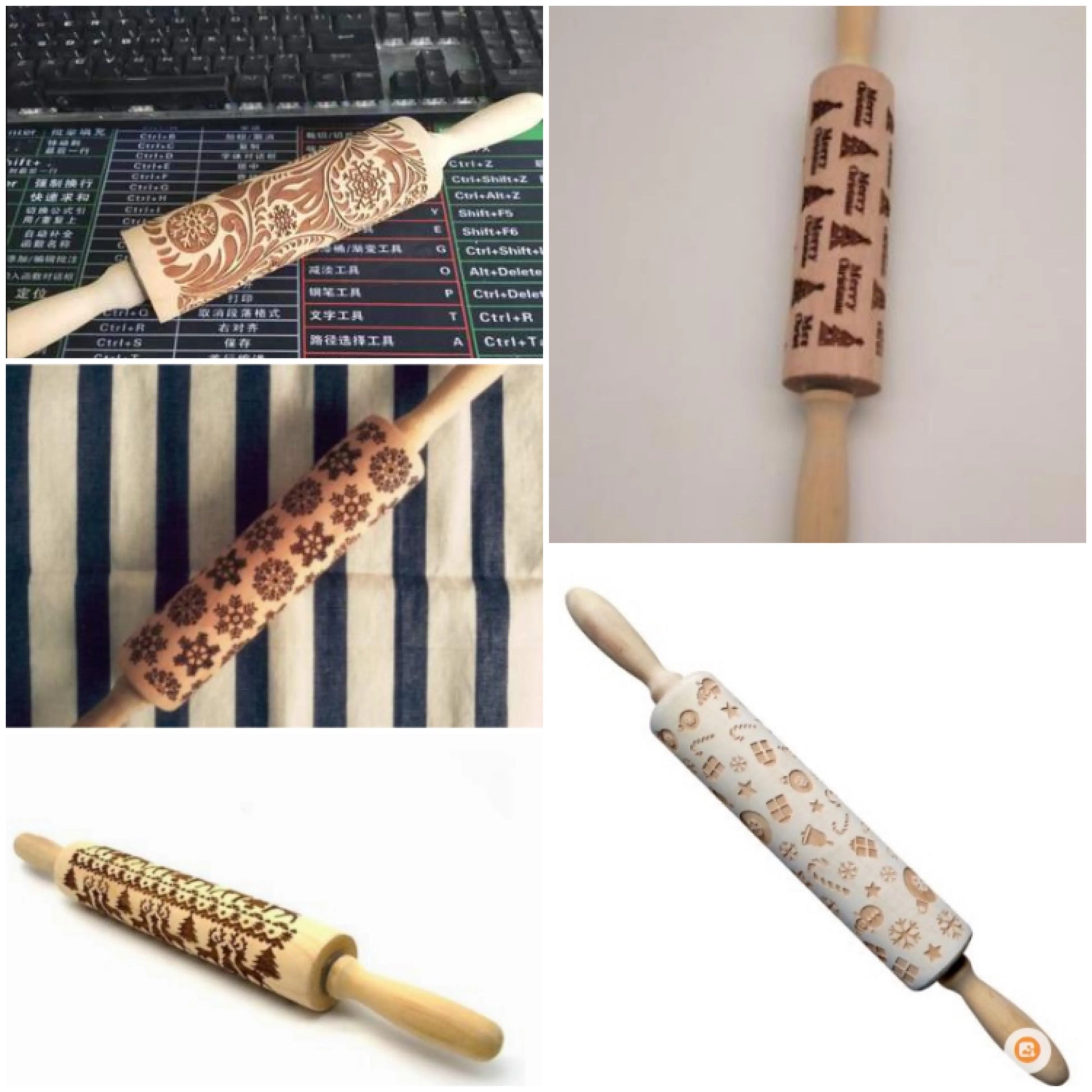 Wooden rolling pin with engraved Christmas patterns including reindeer and snowflakes on a 45cm long barrel.
