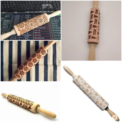 Wooden rolling pin with engraved Christmas patterns including reindeer and snowflakes on a 45cm long barrel.