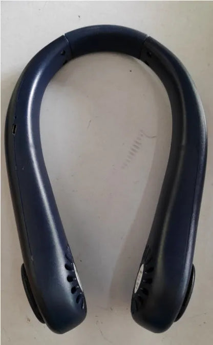 White rechargeable neck fan worn around neck with bladeless design and USB charging