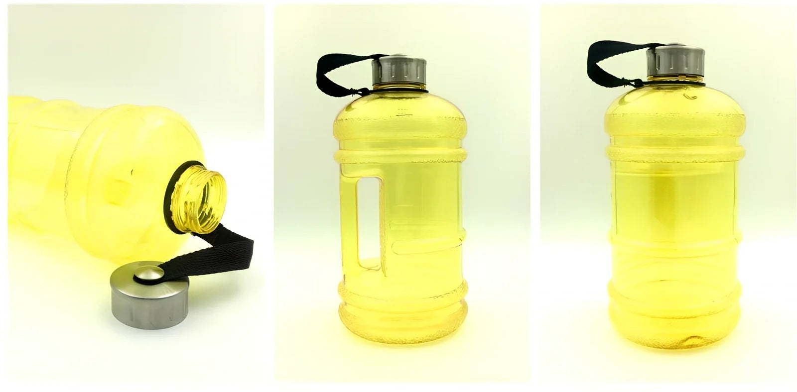 2-litre sports bottle in navy blue with white lid and ribbon connection, showing 13cm diameter and 27cm height dimensions