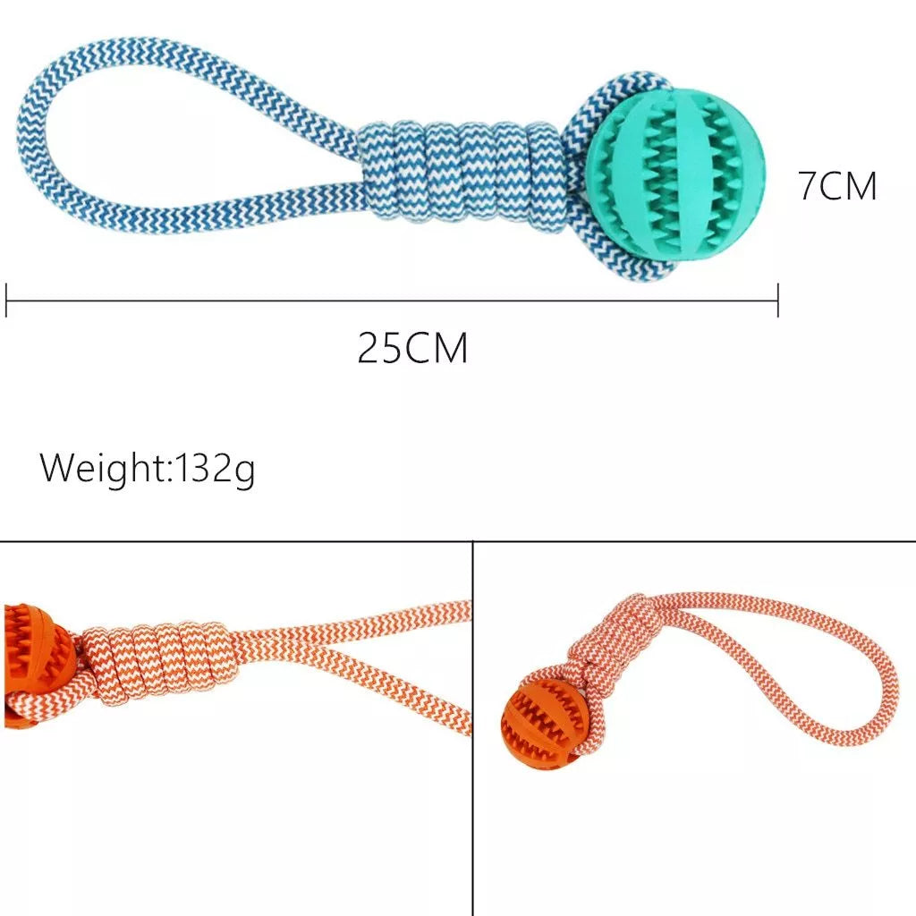 Interactive dog chew toy with rubber ball and cotton rope for dental health