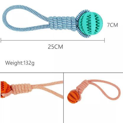 Interactive dog chew toy with rubber ball and cotton rope for dental health
