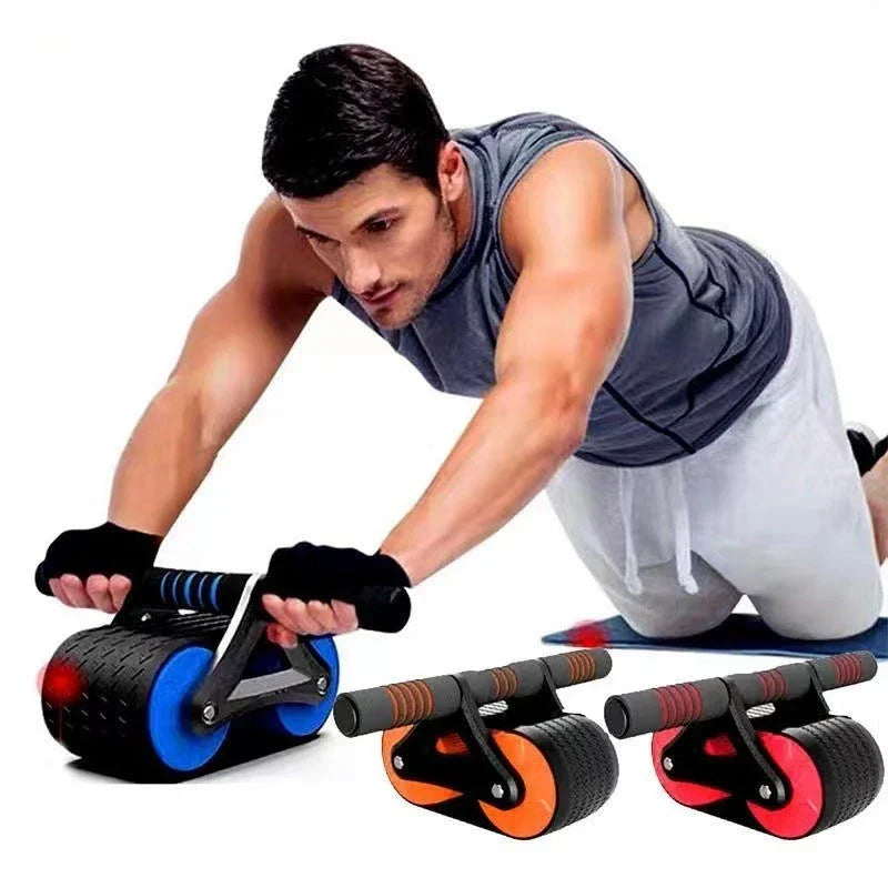 Dual-wheel abdominal roller with sweat-absorbent grip handle for intense core workouts