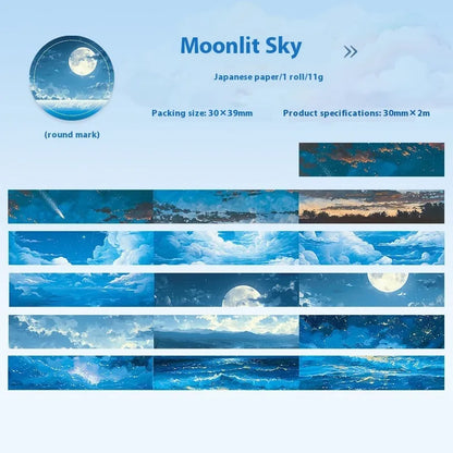 Roll of Japanese paper sky theme washi tape showing colourful clouds design, 30mm width