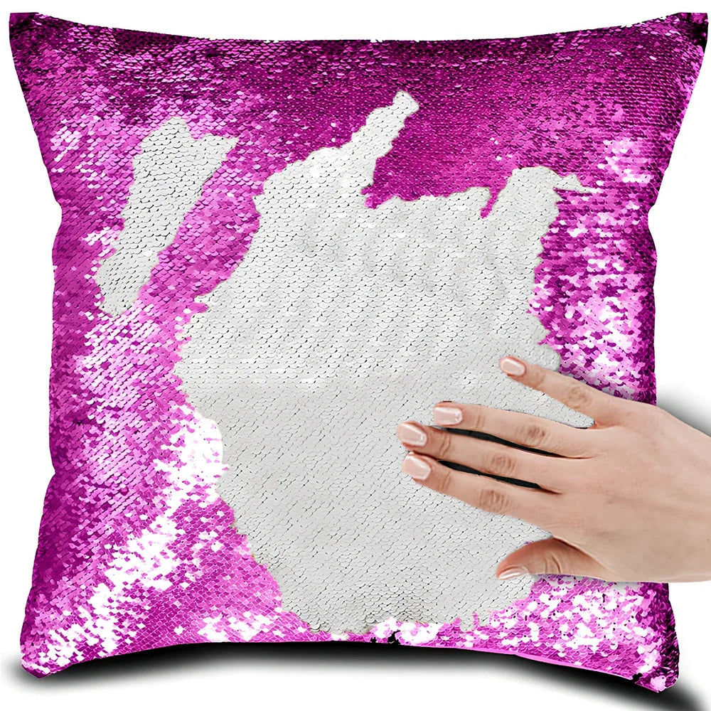 40x40cm square pillow cover showing colour-changing portrait pattern on knitted polyester fabric