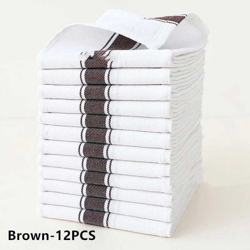 Set of 12 striped kitchen dish towels in five colours showing 48x70cm dimensions and cotton blend material