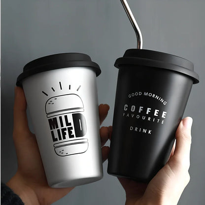 350ml ROKEN stainless steel cup in coffee black with lid, straight and curved straws for travel use