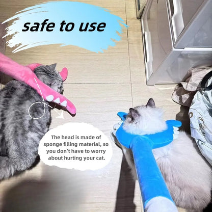 Blue and pink plush cat wand toy with a 70cm length and soft foam-filled head.