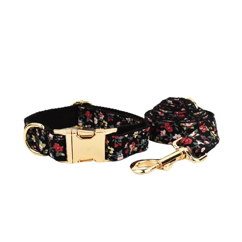 Cloth dog collar and leash set with matching vest and removable bow decoration in multiple size options