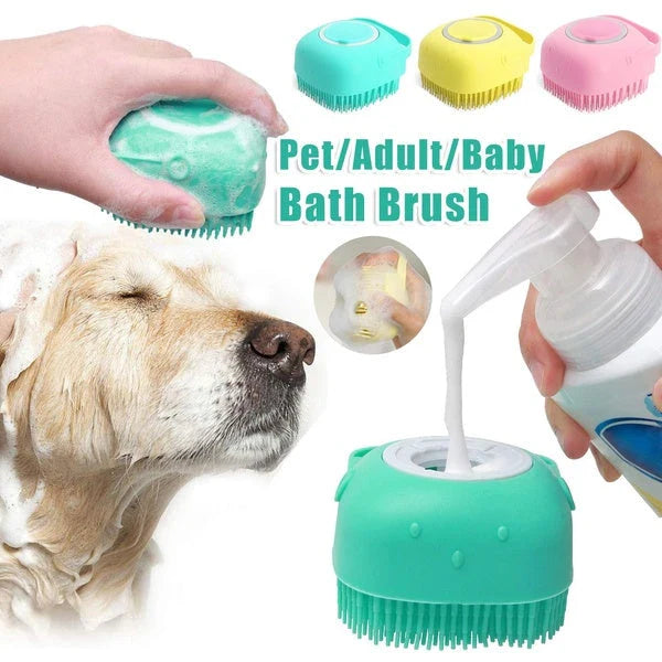 Silicone pet bath brush with shampoo dispenser, designed for gentle grooming and soothing massage
