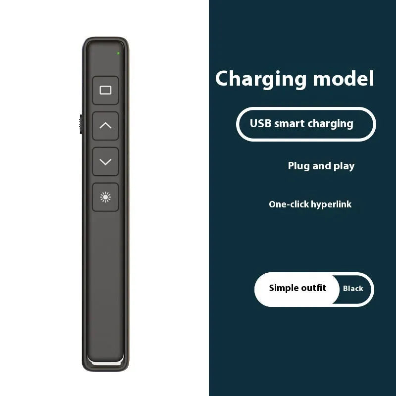 A whiteboard remote control pen for PPT presentations, shown in black, white, and pink colour options.