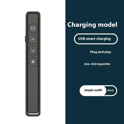 A whiteboard remote control pen for PPT presentations, shown in black, white, and pink colour options.