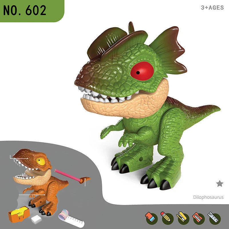 Multifunctional dinosaur-shaped stationery toy with various interactive features and office supplies
