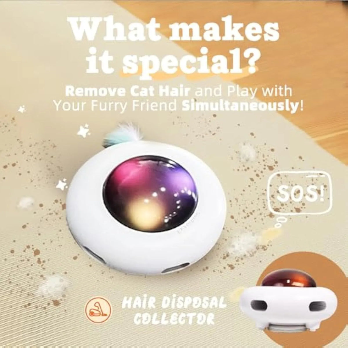 White automatic cat toy with colourful feathers and cleaning ring attachment on floor