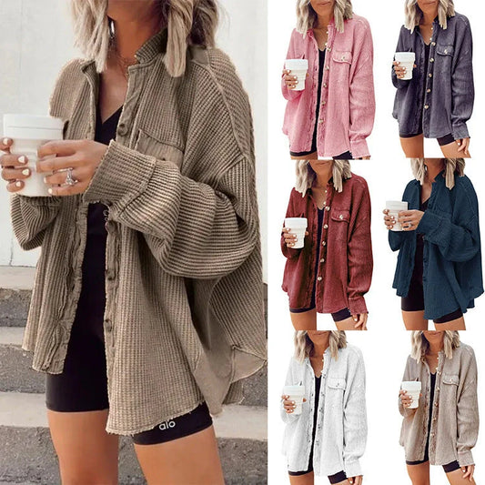 Women's button shirt jacket with lapel and long sleeves in various colors