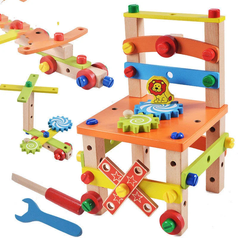 Modular wooden building block chair toy with various design possibilities