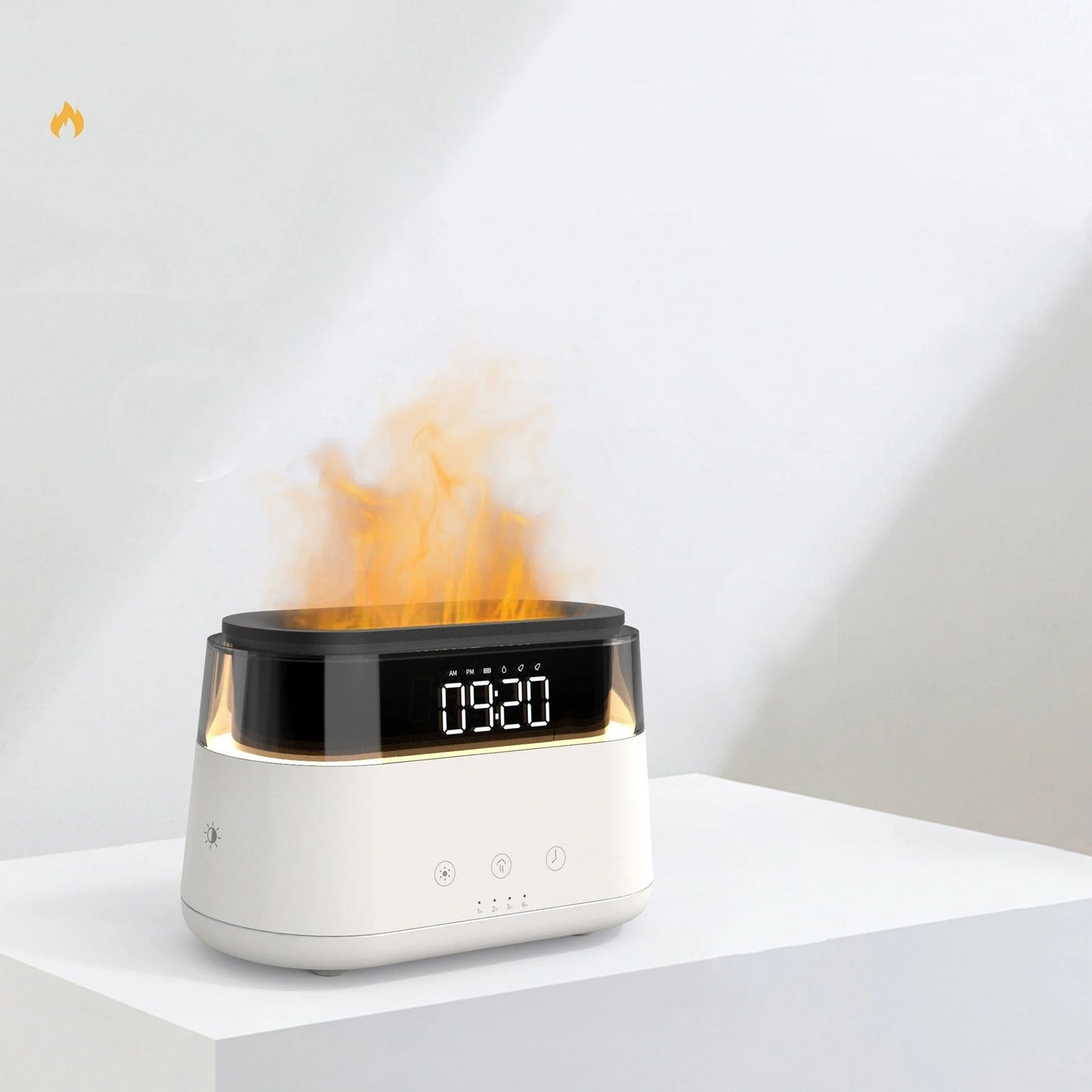 White flame humidifier with clock and aromatherapy function