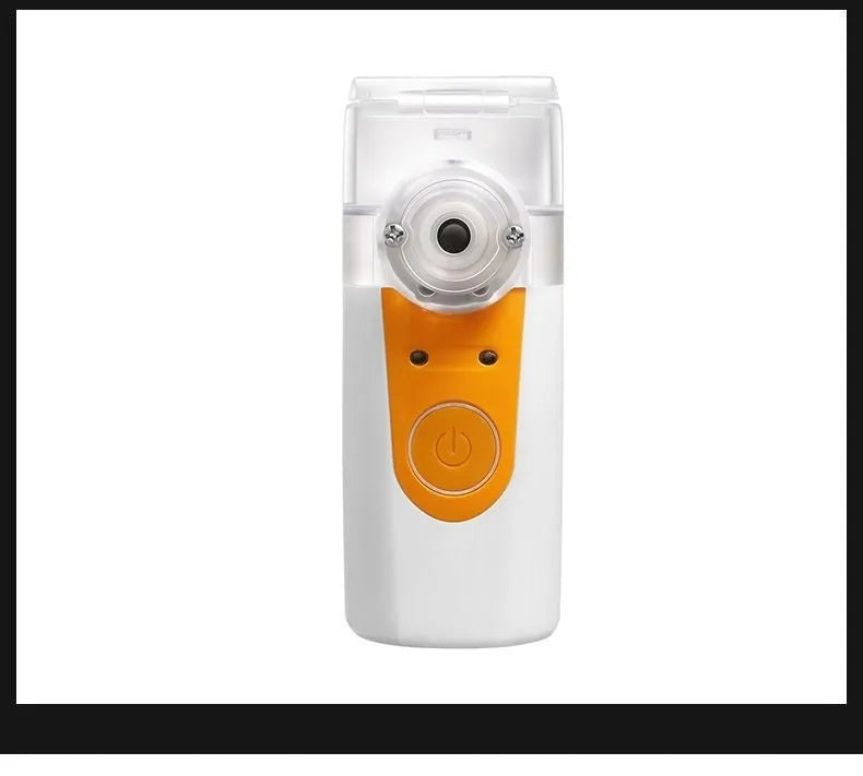 A white columnar handheld USB nebuliser spray machine with a single mist outlet on a table.