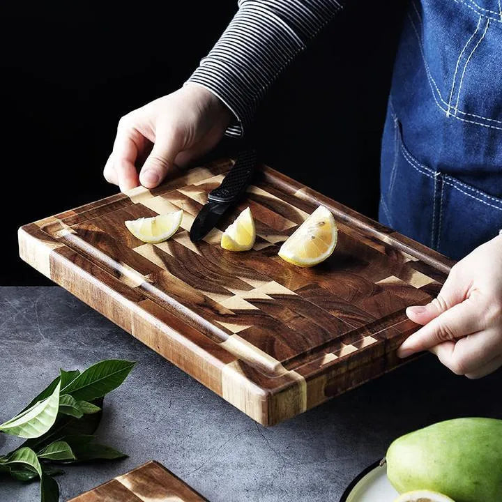 Brown solid acacia wood cutting board with 3cm thick edge, shown in large and small size options.
