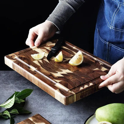 Brown solid acacia wood cutting board with 3cm thick edge, shown in large and small size options.