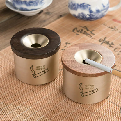 Creative retro brass ashtray with wooden lid on blackwood or rosewood, solid copper body, central hole design