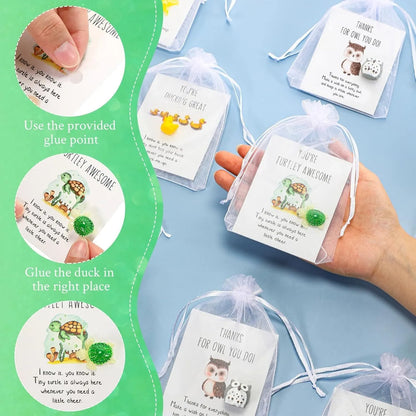 Set of resin pun inspirational memo cards laid out, showing different quantities available.