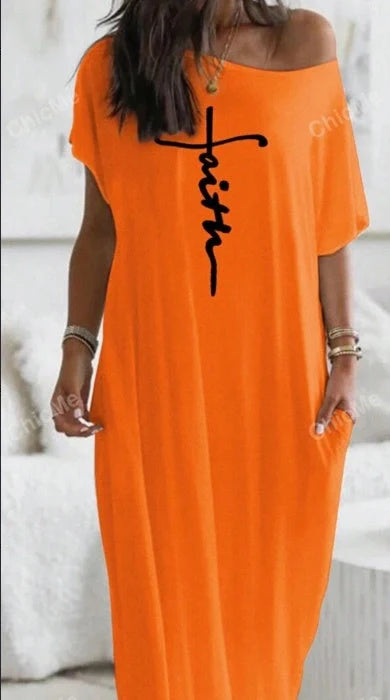Letter Printed Super Loose Casual Maxi Dress in orange, blue, and black, available in sizes S to 3XL