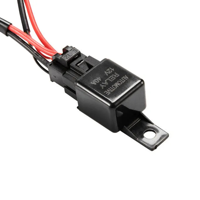 Black off road LED spotlight wiring harness with integrated switch and 2 metre cable length