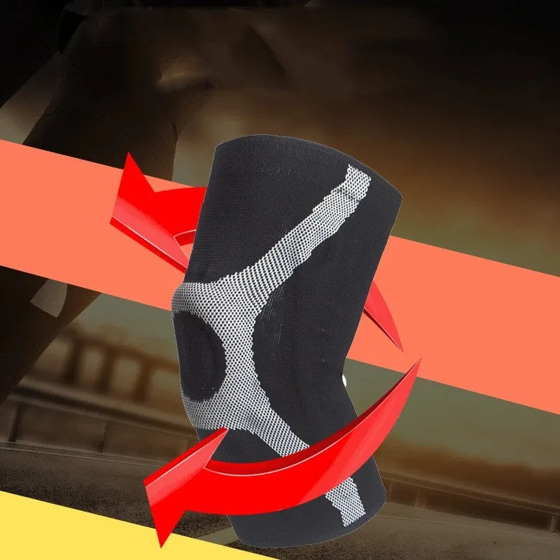 Red silicone knitted sports knee pad shown on a knee, demonstrating its non-slip design for running and climbing.