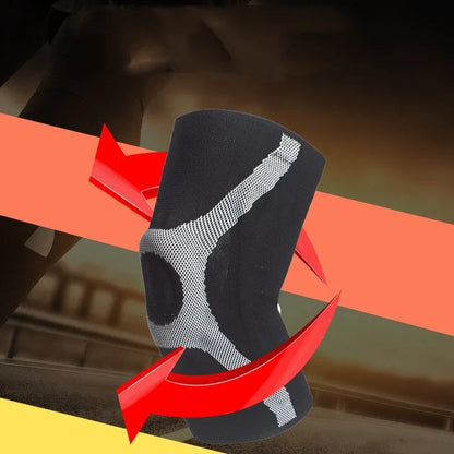 Red silicone knitted sports knee pad shown on a knee, demonstrating its non-slip design for running and climbing.
