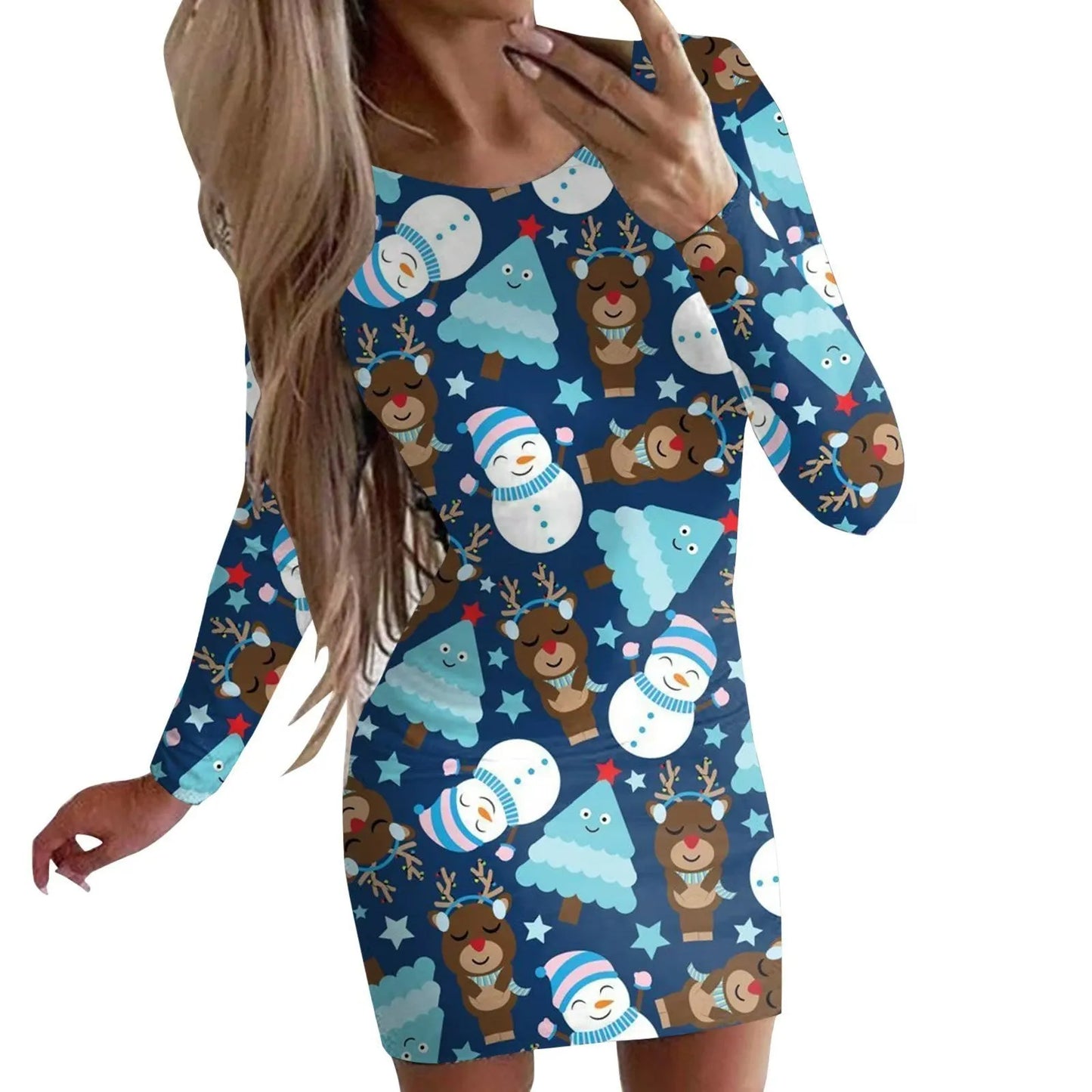 Women's Christmas printed dress with animal pattern, round neck, long sleeves, and floral colours