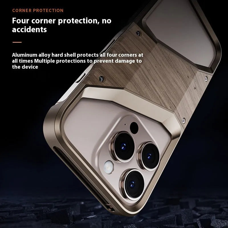 Wood and aluminium alloy iPhone case in dark grey and desert gold, half-pack hollow design for heat dissipation