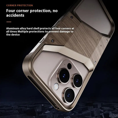 Wood and aluminium alloy iPhone case in dark grey and desert gold, half-pack hollow design for heat dissipation