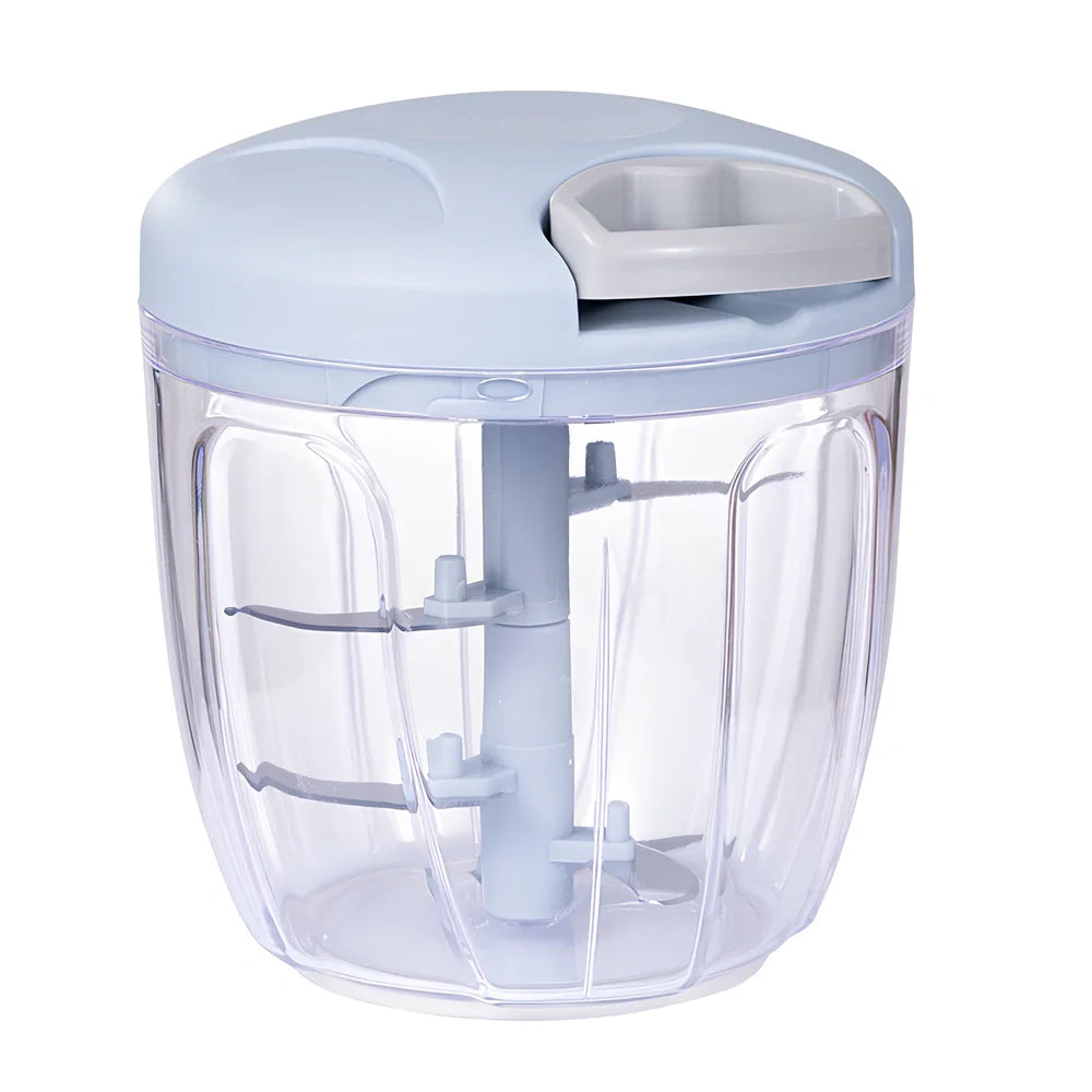 Manual garlic masher in blue, green, and pink colours showing small and large size options