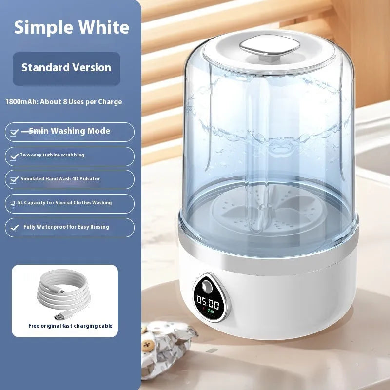 Portable white mini washing machine with USB cable showing 13.5cm width and compact design
