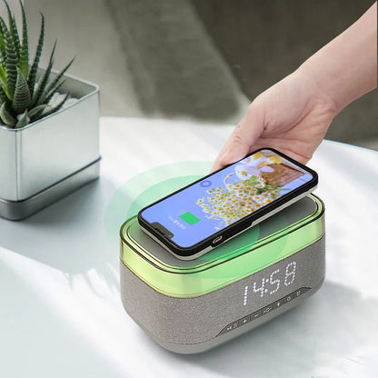 Intelligent Multifunctional Alarm Clock with Bluetooth Speaker, Wireless Charger, and Atmosphere Light