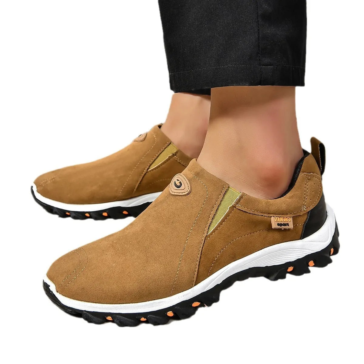 Men's round head shallow mouth thin slip-on shoes in black, blue, gray, green, and light brown on a white background.