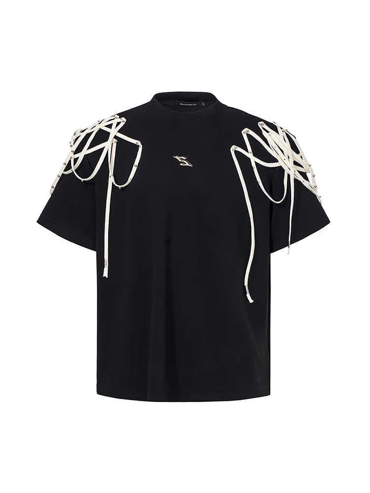 Black loose fit short sleeve t-shirt with padded shoulder detail on a hanger.