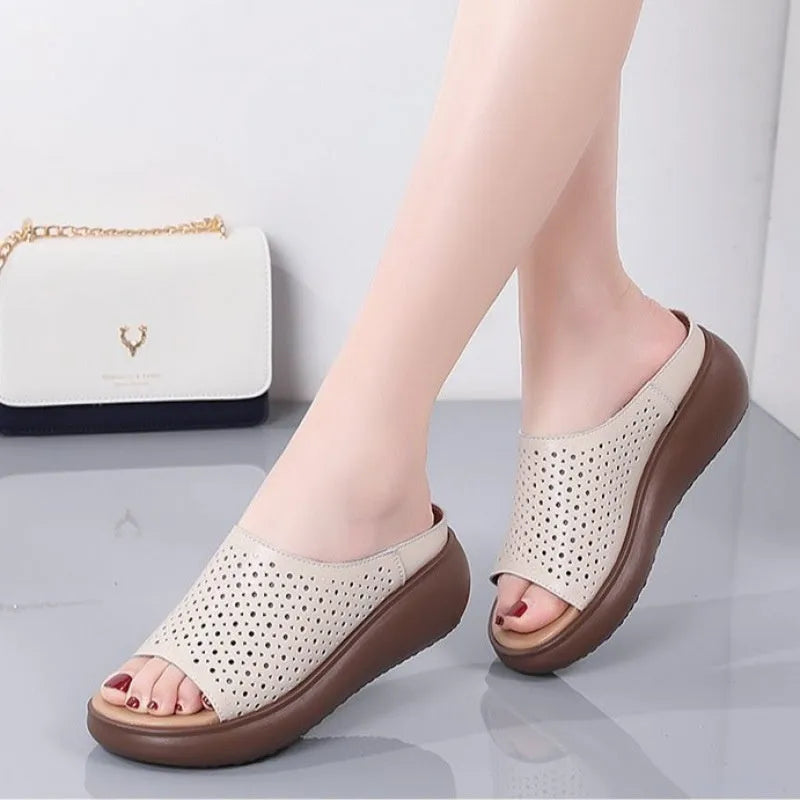 Peep toe platform heel women's shoes with rocking bottom sole, PU upper, rubber sole, ethnic pattern.