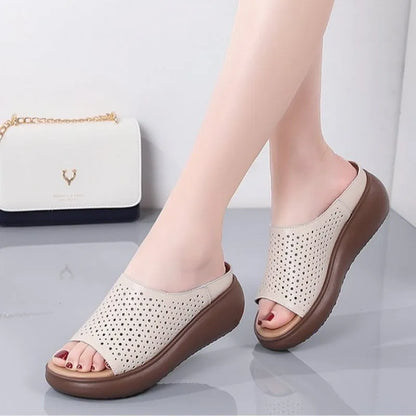 Peep toe platform heel women's shoes with rocking bottom sole, PU upper, rubber sole, ethnic pattern.