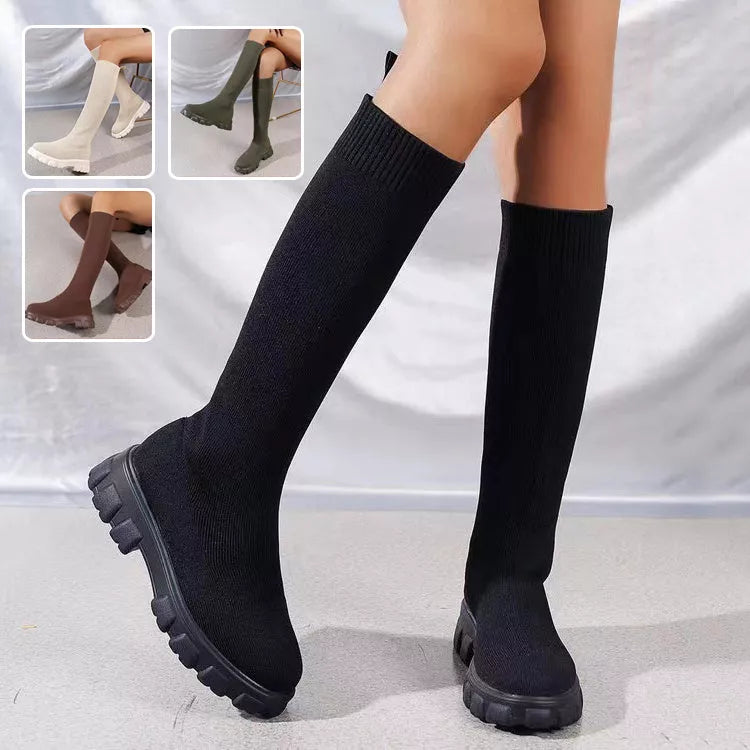 Women's Flyweaving Knitted Boots with thick rubber sole in various colors